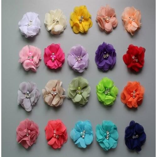 Freeshipping 140pcs/lot 1.97'' cute chiffon flowers with Rhinestone Pearl without clips girls headbands hair accessories