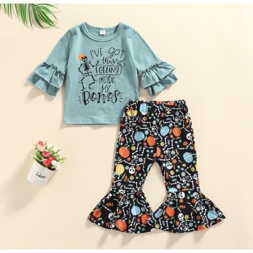 Toddler Baby Girl 2Pcs Cotton Fashion Letter Ruffles Long Sleeve Tops and Skeleton Print Trumpet Pants Trousers Infant Outfits