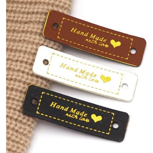 50Pcs 56x15mm Tags Brown/Black/White Labels Handmade Heart Pattern Leather Tag Made With Love DIY Clothes Sewing Accessories