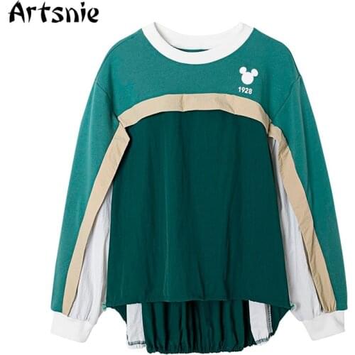 Artsnie Streetwear Disney Cartoon Sweatshirt Women Winter O Neck Long Sleeve Patchwork Hoodies Casual Oversized Sweatshirts