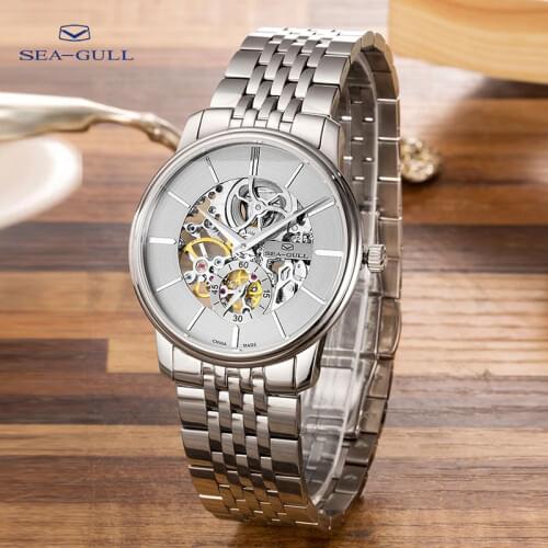 Seagull Watch Automatic Mechanical Watch Personality Hollow Skull Watch Steel Belt Waterproof Ultra-thin Business Watch 401K