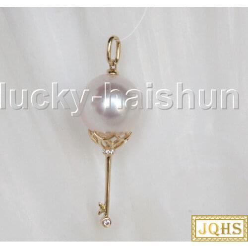 Luster 13mm key natural round white South Sea pearls necklace pendant 14KT Solid gold j11595