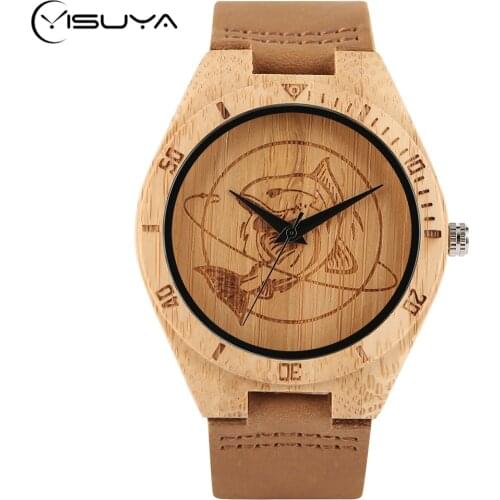 Bamboo Wooden Wrist Watch Men Shark Pattern Dial Handmade Wood Creative Watched Women Trendy Timber Watch Christmas Gift