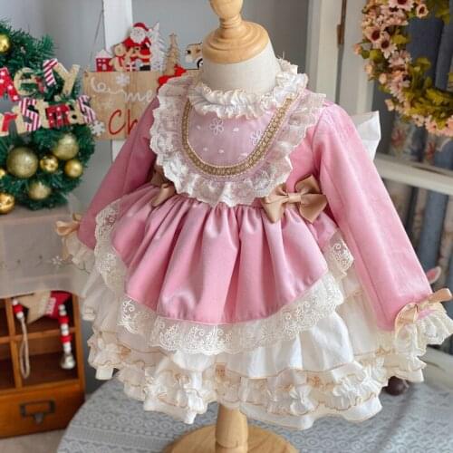 Baby Children Vintage Spanish Clothes Girl Autumn Winter Pink Velvet Pompom Ball Princess Lolita Dress Party Christmas Birthday