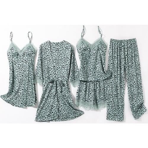 Womens Sexy Lingerie Stain Lace Pajama Set Nightie Lake Blue Leopard Print Sleepwear Nightwear Bathrobe 5PCS Suit Pyjama