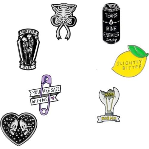 Enamel Pins Badges Cans Bulb Paper clip Lemon Tears Grim reaper Tombstone Coffin Ribcage Skull Brooch Pin for Men Kids wholesale