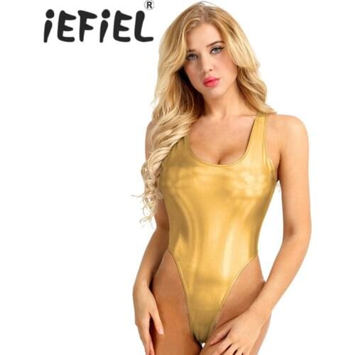 IEFiEL Women Fashion Lingerie Sexy Costume Erotic Teddies High Cut Wetlook Faux Leather Bodysuit Leotard Underwear Nightwear