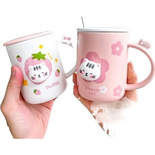400ml ins Style Kawaii Sweet Cat Coffee Cup Cartoon Cute Cat Ceramic Mug With Lid And Spoon Breakfast Milk Water Cups