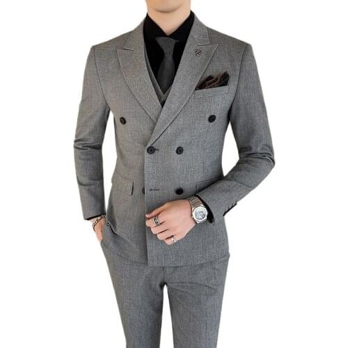 Jacket + Vest + Pants ) High-end Bridegroom Wedding Dress Solid Color Double-breasted Suit 3pces Set Mens Formal Business Suit