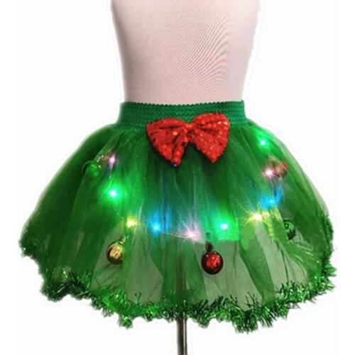 Flashing LED Children Princess Girls Luminous Christmas Skirt Tutu Party Ball Dress Up Bow Bell Green Skirt Christmas Lights