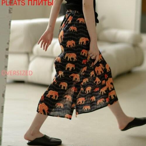 MIYAKE Pleated Skirt Printed Slit Four Seasons Niche Design PLEATS Faldas Ropa Mujer Saias Longas Jupe Longue Femme