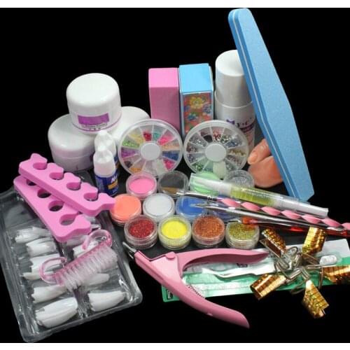 Nail Art Set Acrylic Liquid Glitter Powder File Brush Form Tips Tools DIY Kits For Professionals