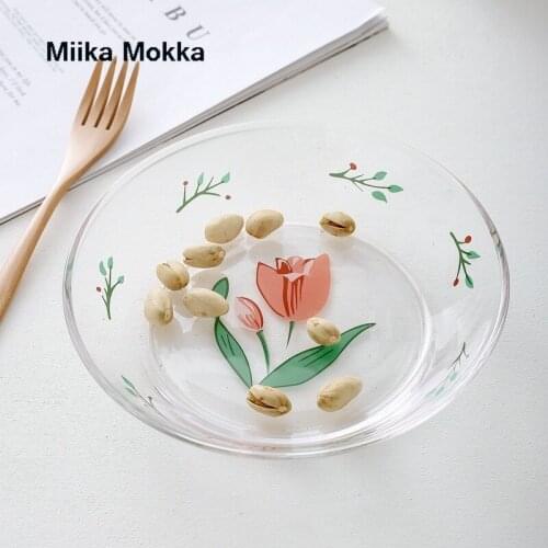 New Snack Plate Tulip Tempered Glass Plate Girl Heart Dessert Plate Vegetable & Fruit Plate Salad Bowl Plate Korean Ins
