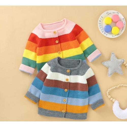 Lioraitiin 0-18M Newborn Infant Baby Girl Autumn Winter Knitted Coats Rainbow Stripes Long Sleeve Single-breasted Outwear Tops