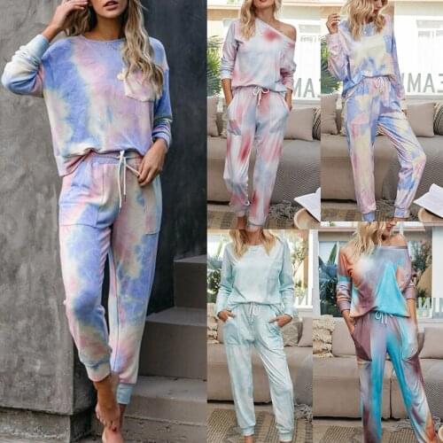 2021 Autumn Pajama Set Womens Tie Dye Sleepwear Suits Round Neck Long Sleeve+Drawstring Trousers Loungewear Nightwear