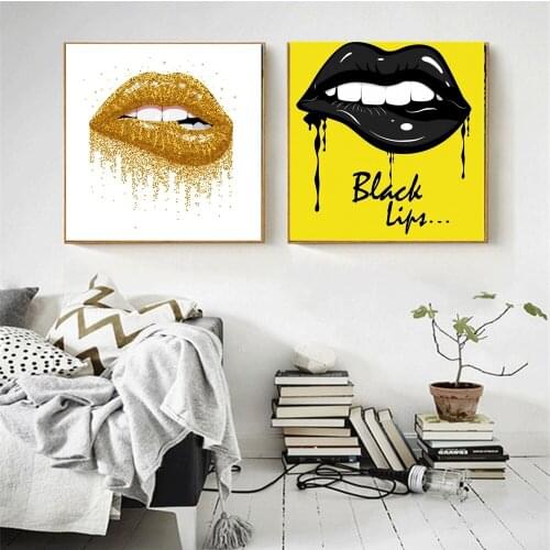 Golden Bling Bling Lips Wall Art Canvas Printed Cartoon Poster Paintings for Living Room Office Wall Decor Artwork Drop Shipping