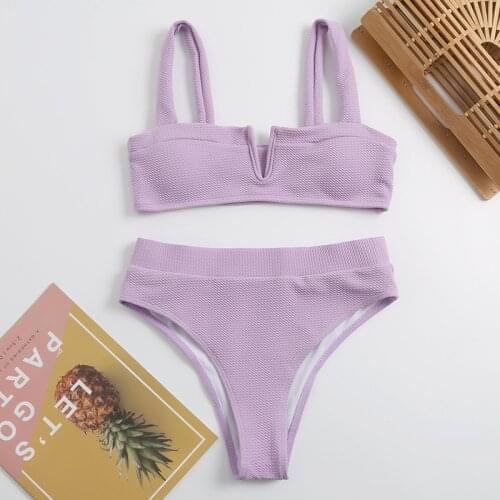 Sexy Purple Bandeau Bikini Set High Waist Swimwear Women Swimsuit Bathing Suit V Neck Brazilian Bikinis 2021 Mujer Biquinis