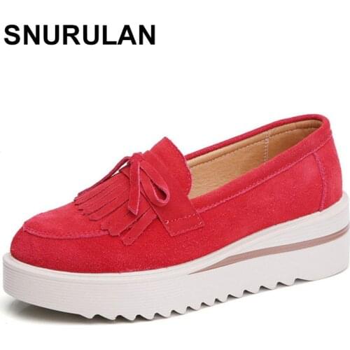 SNURULAN 2019 spring women platform shoes suede leather tassel loafers lace-up casual shoes women moccasins ladies Creepers