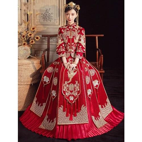 6XL Traditional Phoenix Embroidery Tassle Cheongsam Chinese Couple Wedding Suit Elegant Bride Qipao Dress китайская одежда