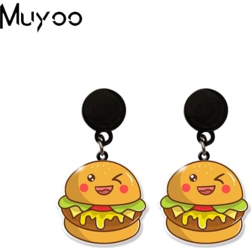 2020 New Fast Food Cute Character Hamburg Pizza Sushi Hotdog Acrylic Print Black Epoxy Stud Earrings