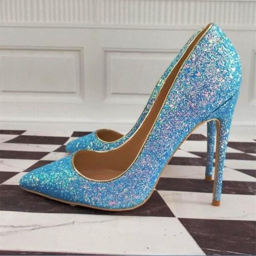 Blue Glitter Shiny Shoes Women 12cm Pointed Toe High Heel Stilettos Women Pumps LF003 CHENSIR9