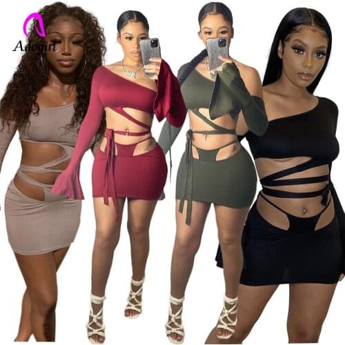 Off Shoulder Women Skirts Set Bandage Crop Top + Hollow Out Bodycon Skirts 2021 Summer Solid Sexy Night Club Party 2 Piece Set