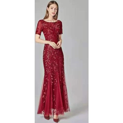 Mermaid Women Burgundy Prom Dress 2022 Summer Autumn Short Sleeve French Italy Sequin Crew Slim In Stock Party Gown Aso Ebi