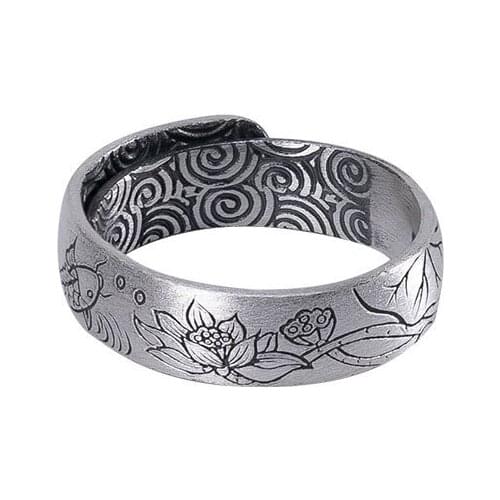 S999 pure silver Retro Distressed Matte Carp Lotus Six words ZHENYAN Elephant Sterling silver Womens ring