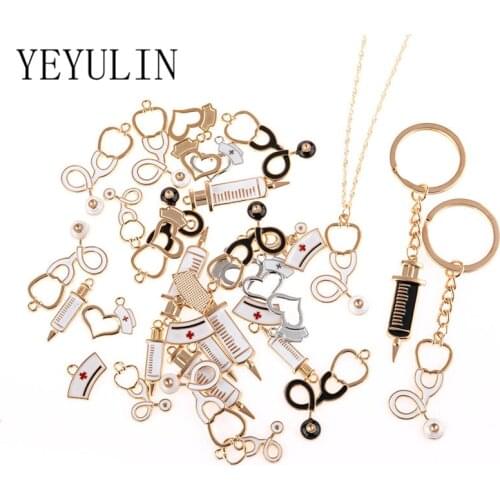 10pcs/lot Mixed Style Enamel Nurse Series Stethoscope Syringe Charms Jewelry Accessories For Women DIY Necklace Keychain Craft