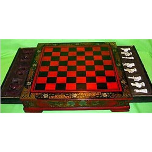 1107++++CHINESE OLD COLLECTIBLES VINTAGE 32 CHESS SET WITH WOODEN COFFEE TABLE DECORATION BRONZE FACTORY OUTLETS