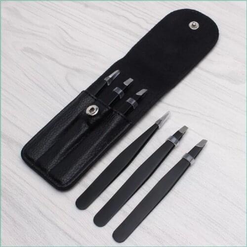 Black 3 Pcs Professional Eyebrow Tweezers Hair Beauty Slanted Stainless Steel Tweezer with Leather bag Makeup Tool