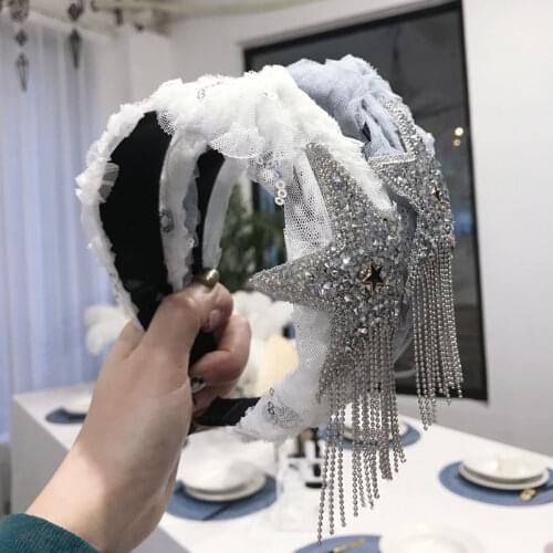 Shiny Crystal Star Tassel Headbands for Women Hair Jewelry Solid Lace Mesh Hairband Crystal Adults Hair Ornament Head Band Wide