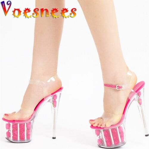 Voesnees Sexy Women Shoes 2021 Summer New Sandals High-heeled 17 CM Fine-heeled Waterproof Slippers Female Flower Crystal Shoes