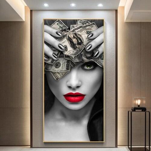 Monney On Head Decorative Paintings Wall Art Picture For Living Room Canvas Print Sexy Girl Black White Modern Poster Home Decor