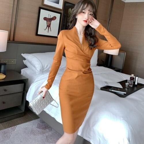 New arrival fashion spring midi dress women OL professional temperament simple v-neck long sleeve solid wild slim pencil dress