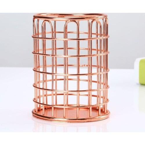Office Stationery Storage Basket 304 Stainless Steel Portable Student Desktop Pen Holder Bathroom Cosmetic Rack/Shelf Rose Gold