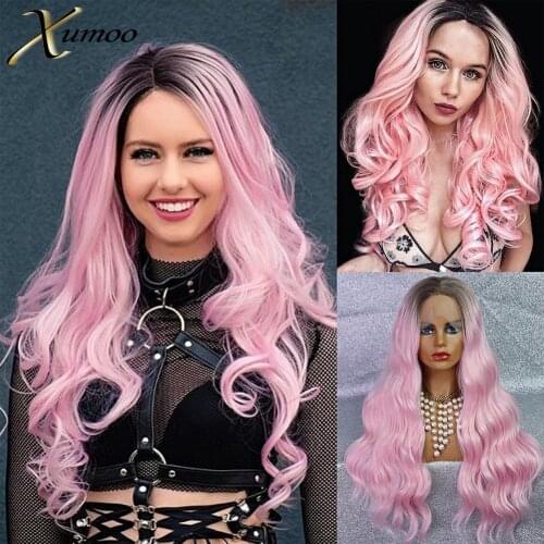 XUMOO Cheap Long Wavy Synthetic Lace Front Wigs Ombre Pink Heat Resistant Synthetic Lace Front Wig With Baby Hair Wigs For Women