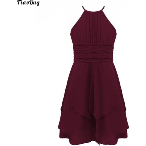 TiaoBug Kids Girls Chiffon Dress Halter Sleeveless Asymmetric Ruffle Hem Fully Lined Dress For Party Birthday Wedding Dance