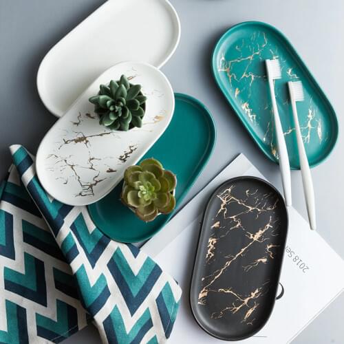 Marbled Pattern Storage Trays Scandinavian Oval Ceramics Plate Table Dessert Fruit Dish Jewelry Candle Organizer Trays