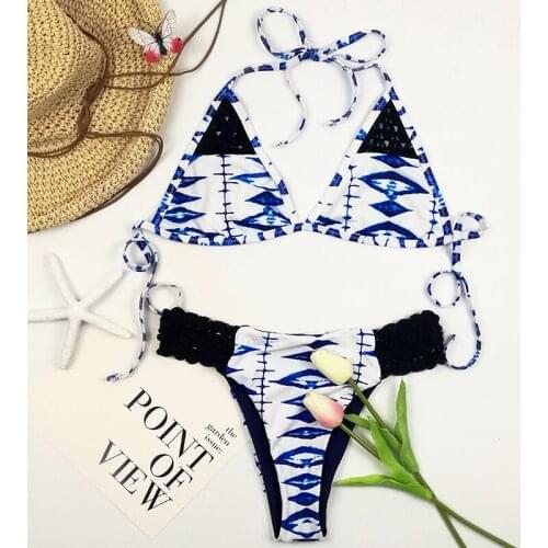 Sexy Open Back Tight Small Fresh Printed Bikini 2021 New European And American Double-Sided Knitted Swimsuit Bikini