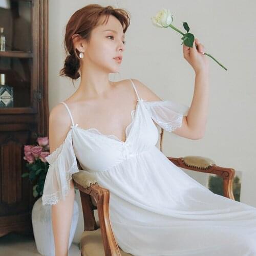 Smmoloa Women Sexy Lace Nightwear Bride White Gown Lace Mesh Gown Sleepwear