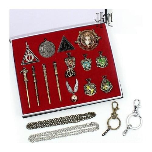 Harri Magic Wand Vintage Alphabet Wax 3D Metal Badge Potter Hermione Magic Wand Weapon Keychain Necklace Box Toy