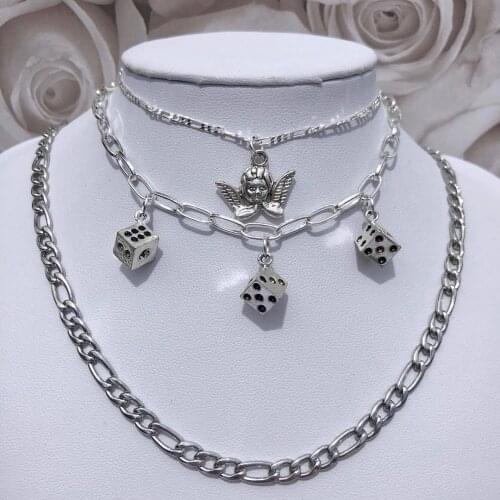 Gothic Punk Style Silver Color Clavicle Chain Chokers Hip hop Geometric Dice Angel Pendant Necklaces For Women bijoux Collares