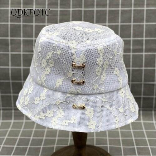 2021 Hat Spring Summer Women Fashion Lace Hollow Out Bucket Hats Elegant Diamond Breathable Sun Protection Shading Cap QDKPOTC