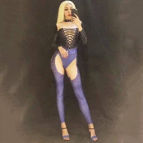 New Black Pattern Jeans Jumpsuit Long Sleeve Stones Sexy Wear Singer Costume Birthday Prom Party Women Dance Clothes