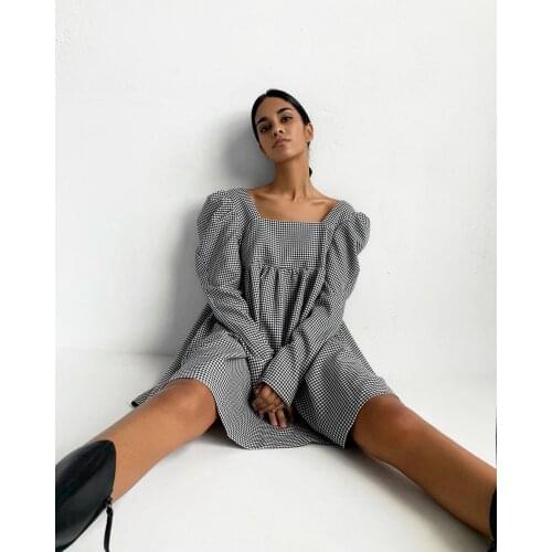 Black White Plaid Female Summer Casual Mini Dress Puff Sleeve Square Neck Elegant Ladies Vintage A Line Women Dresses 2021