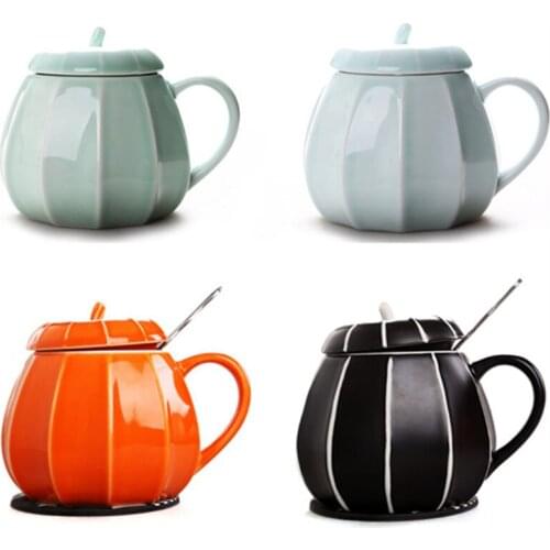 300ml Halloween Pumpkin Water Mug Coffee Milk Ceramic Mug with Lid Handle Spoon Home Office Collection Cups Women Girl Gifts