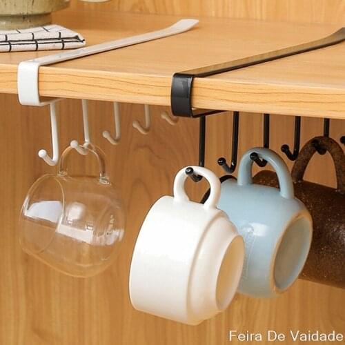 6 Hooks Metal Under Shelf Mug Cup Cupboard Kitchen Organiser Hanging Rack Holder Wrought Iron Seamless Nail-Free Hook