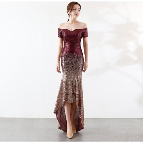 NOBLE WEISS Sexy Prom Dresses 2019 Boat Neck Gradual Sequin Asymmetrical Custom Made Mermaid Party Dress