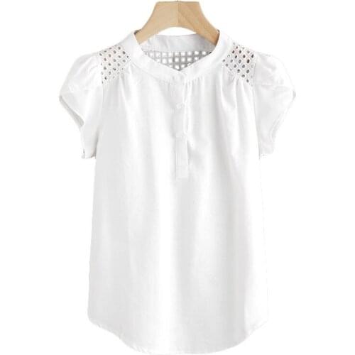 Women Blouses Solid O-Neck Hollow Out Short Butterfly Sleeve Casual Tops Blouse Blusas